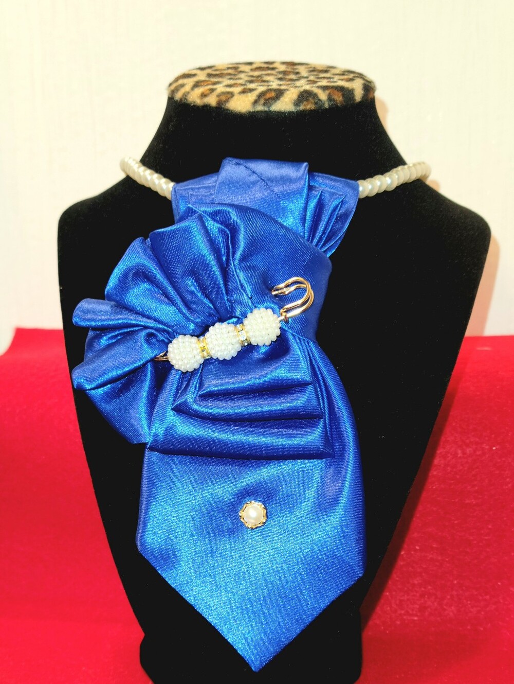 Elegant Royal Blue Satin Bow Necklace with Pearl Accents